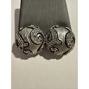 Vintage 1980's Silver Tone Silver Rhinestone Swirl Design Clip Earrings X-Large